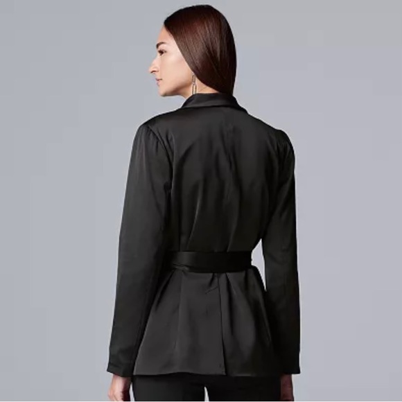 NWT: Simple Vera Vera Wang Black Satin Long Blazer with Tie Waist - Picture 2 of 5